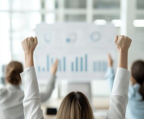 Wall Mural - a person raises their hands in celebration, presenting a chart in a bright office setting, highlight