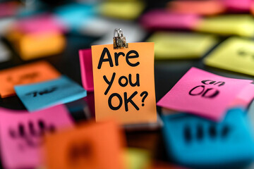 Are you okay? Colored sticker with the inscription. Employee mental health at work. Team care for colleagues