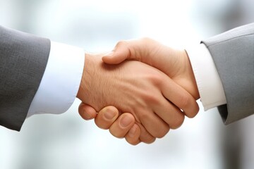 Two business professionals engaged in a handshake outdoors during a bright, sunny day in an urban setting