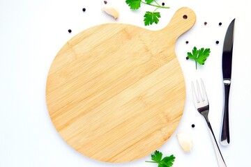 Round wooden cutting board, serving plate, mockup for food or menu display, engraving design, flat lay composition with herbs, peppers, garlic.