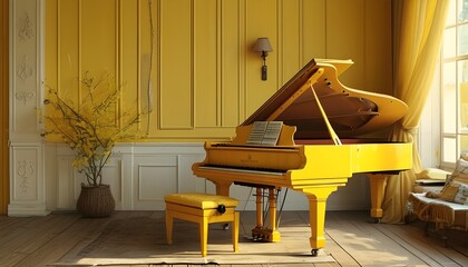 Sunny Room with Yellow Decor and Elegant Piano