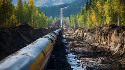 Wall Mural - A long pipe is seen in a muddy field. The pipe is black and yellow. The field is surrounded by trees