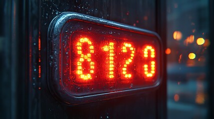 Red digital display showing 8120, covered in raindrops on a rainy night.