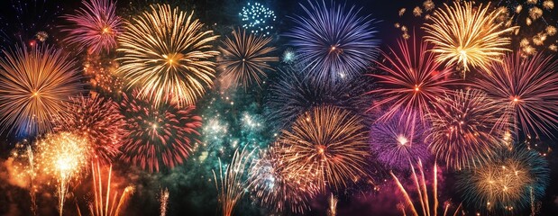 colorful fireworks exploding in the night sky during a festive celebration