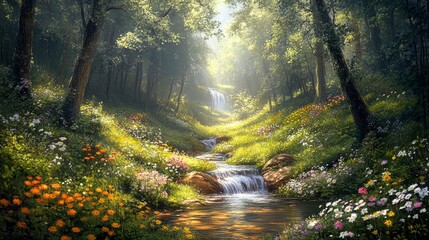 A breathtaking view of a hidden, serene forest glade with a gently flowing stream and vibrant wildflowers. The dappled sunlight filtering through the dense canopy creates a warm, golden light that