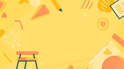 Yellow background with abstract shapes and office supplies, leaving space for text.