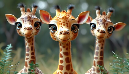 Wall Mural - Adorable 3D Render of Giraffe Friends Enjoying Each Others Company