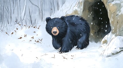 Wall Mural - A black bear cub emerges from a cave in a snowy forest.