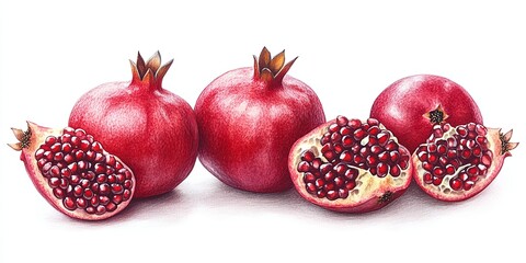 Juicy Pomegranates: A vibrant trio of pomegranates, one sliced open to reveal its ruby-red seeds, against a crisp white background. A burst of color and freshness, perfect for healthy eating and lifes