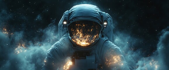 Wall Mural - An astronaut with flames in their helmet, surrounded by smoke and stars.