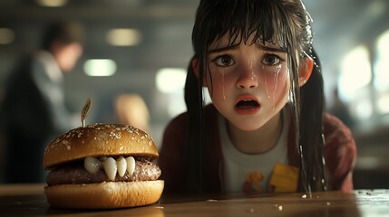 A young girl with tears in her eyes looks at a hamburger with teeth.