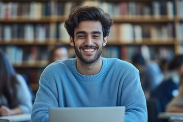 Poster - Man is sitting in a library with a laptop open. He is smiling and wearing a blue sweater. adult teacher in light blue sweater with laptop with kinds around