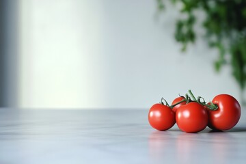 Aufkleber - Minimalist Gray Marble Table with Fresh Tomatoes and Blurred Vegetation Background