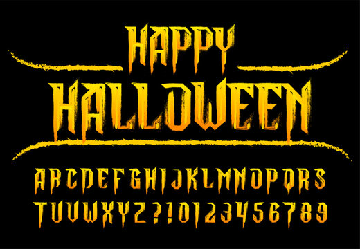 Happy Halloween alphabet font. Grunge gothic letters and numbers. Hand drawn vector typography for your Halloween typography.