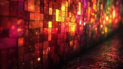 Poster - Colorful illuminated wall at night showcasing vibrant patterns in a modern urban setting