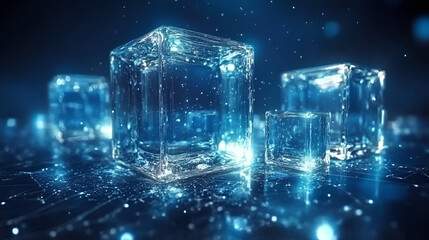 Poster - Brilliant ice cubes glowing against a dark background with shimmering blue light