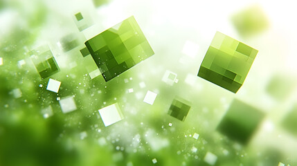 Aufkleber - Abstract green pixelated cubes floating in a bright, ethereal space with light reflections