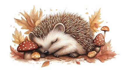 a tiny hedgehog slumbers in an autumn forest, surrounded by mushrooms and fallen leaves.