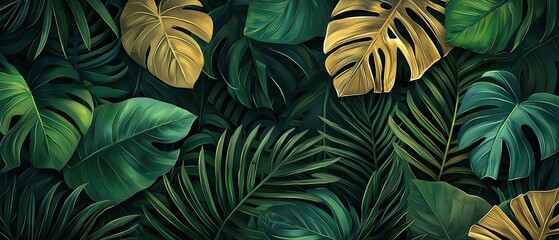  Lush green foliage with golden leaves, creating a vibrant tropical backdrop.