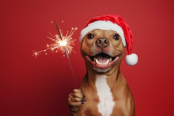 Dog is holding a sparkler in its mouth and wearing a Santa hat. Dog is enjoying the moment. Cute happy animal in a Santa hat holding a sparkler in his paw on a plain red background with copy space