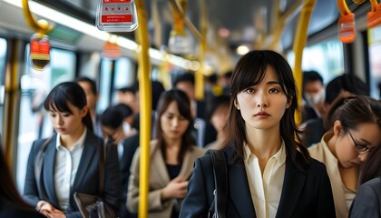 Wall Mural - Dynamic rush hour scene with business professionals commuting, showcasing a female navigating crowded public transportation.