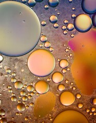 Wall Mural - Colorful abstract background with oil drops on water surface. Oil bubbles in water.