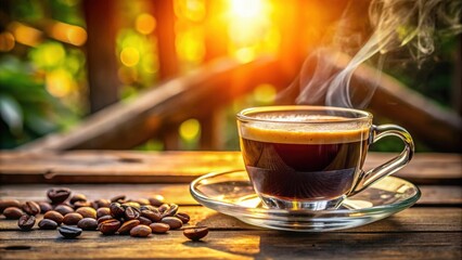 Close-up shot of a hot americano coffee in a cozy morning setting with soft sunlight filtering through, perfect for relaxation and starting the day off right