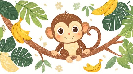 A cute monkey holds a branch with bananas, framed by tropical leaves in a lively illustration.