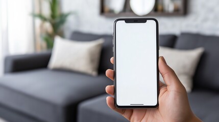 Poster - Person is holding a cell phone with a white screen. The phone is in a living room. holding smartphone, focus on smartphone, close up to smartphone screen, zoom to smartphone screen
