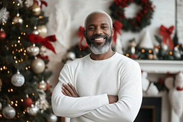 Wall Mural - Man is smiling in front of a Christmas tree. The room is decorated with Christmas lights. mockup of a middle aged smiling black man wearing white crewneck sweatshirts, christmas background