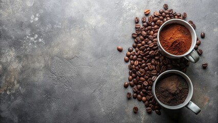 Two gray coffee cups with coffee beans and ground coffee isolated on gray background top view with copy space