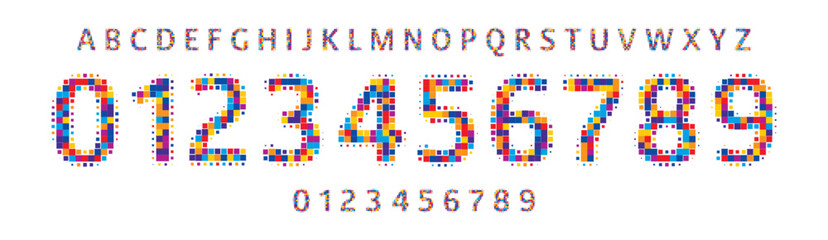 Aufkleber - Colorful mosaic font, pixelated square shapes numbers and letters for digital logos, sports branding, jersey numbers, team merchandise. Vector typeset
