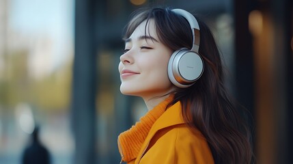 A young woman with closed eyes wearing headphones and listening to music in an urban setting.