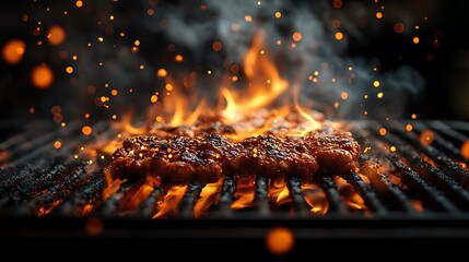 Close-up of sizzling meat patties on a hot grill with flames and smoke.