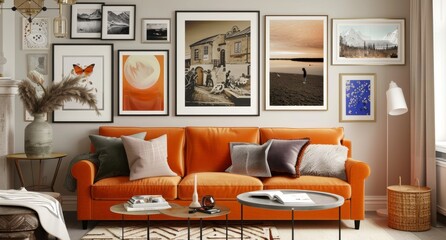 Aufkleber - A modern living room featuring an orange sofa, multiple art deco accents, and a large window with curtains.