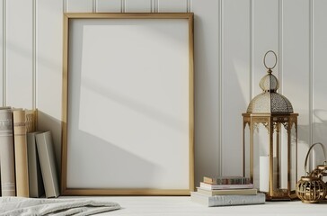 Aufkleber - A minimalist interior featuring a blank frame, stacked books, and decorative gold lanterns on a white surface.