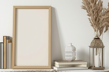 Aufkleber - A white wall with an empty picture frame leaning against it, books underneath, and decorative objects in front of it.