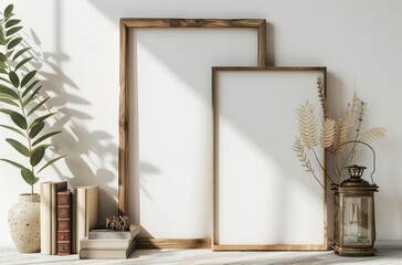Aufkleber - A minimalist interior design with two empty frames, a plant in a vase, books, and a lantern, featuring natural elements and soft lighting.