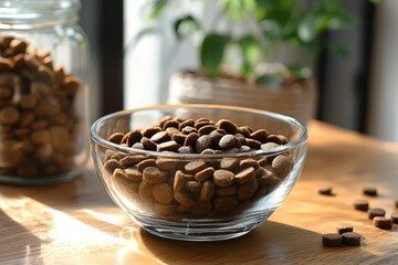 Wall Mural - A Bowl of Dog Food with Scattered Pieces on a Wooden Table