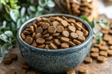 Wall Mural - Close-up of Dry Dog Food in a Blue Ceramic Bowl