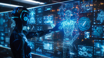 Wall Mural - virtual reality hologram display of futuristic artificial intelligence assistance technology