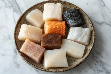 Assortment of Raw Fish Fillet Pieces on a Plate