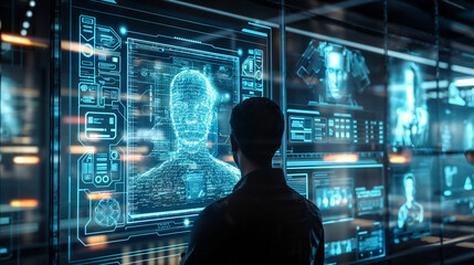 Poster - virtual reality hologram display of futuristic artificial intelligence assistance technology