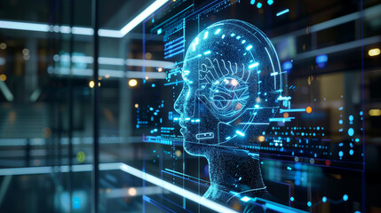 Poster - virtual reality hologram display of futuristic artificial intelligence assistance technology