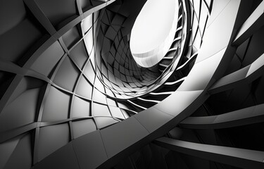 Leinwandbilder - An abstract black and white image of a geometric structure with a circular opening, emphasizing the use of lines and angles in its design.