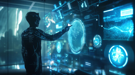 Poster - virtual reality hologram display of futuristic artificial intelligence assistance technology