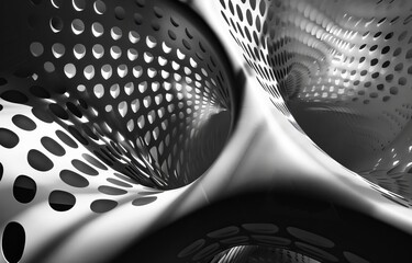 Aufkleber - A black and white abstract image of a curved surface with circular cutouts creating a repeating pattern.