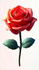 Wall Mural - A single red rose with green leaves on a white background