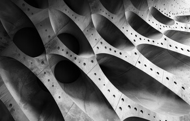 Aufkleber - A close-up view of a modern concrete structure with a repeating pattern of circular cutouts and curved lines.