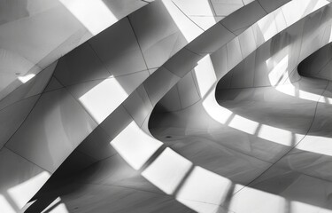 Aufkleber - A black and white photograph showcasing the intricate interplay of light and shadow within a modern, curved architectural structure.